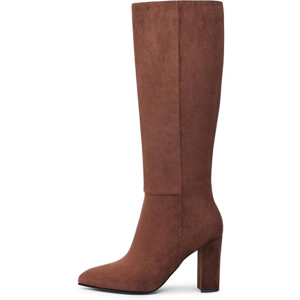 Women's Brown 1 Classic Chunky Heel Pointed Toe High Heel Side Zipper Tall Boots